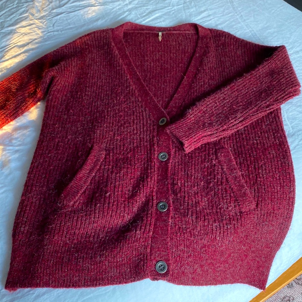 Free People XS Alpaca Cranberry Oversized Cardigan Sweater